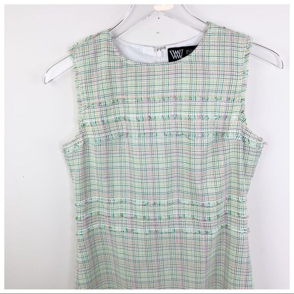 Worth Dresses & Skirts - Worth Green/Pink‎ Tulip Tweed Sheath Dress Fringed Sz 2